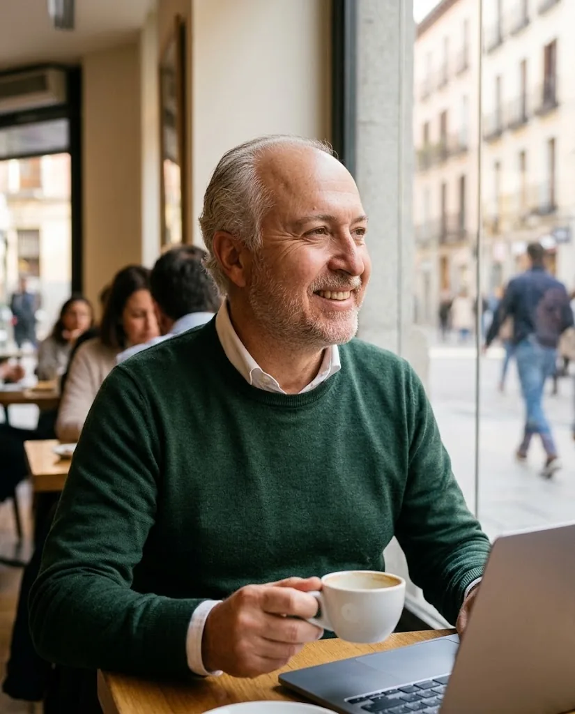 Alberto Nadal tomando un café en una cafetería de Madrid con su portátil